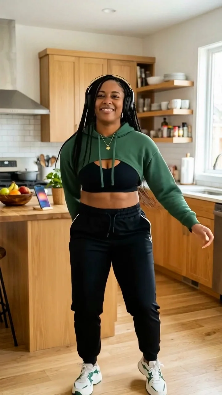 Kling 3.0 Motion Control result of fictional adult Imani performing a dance in a kitchen