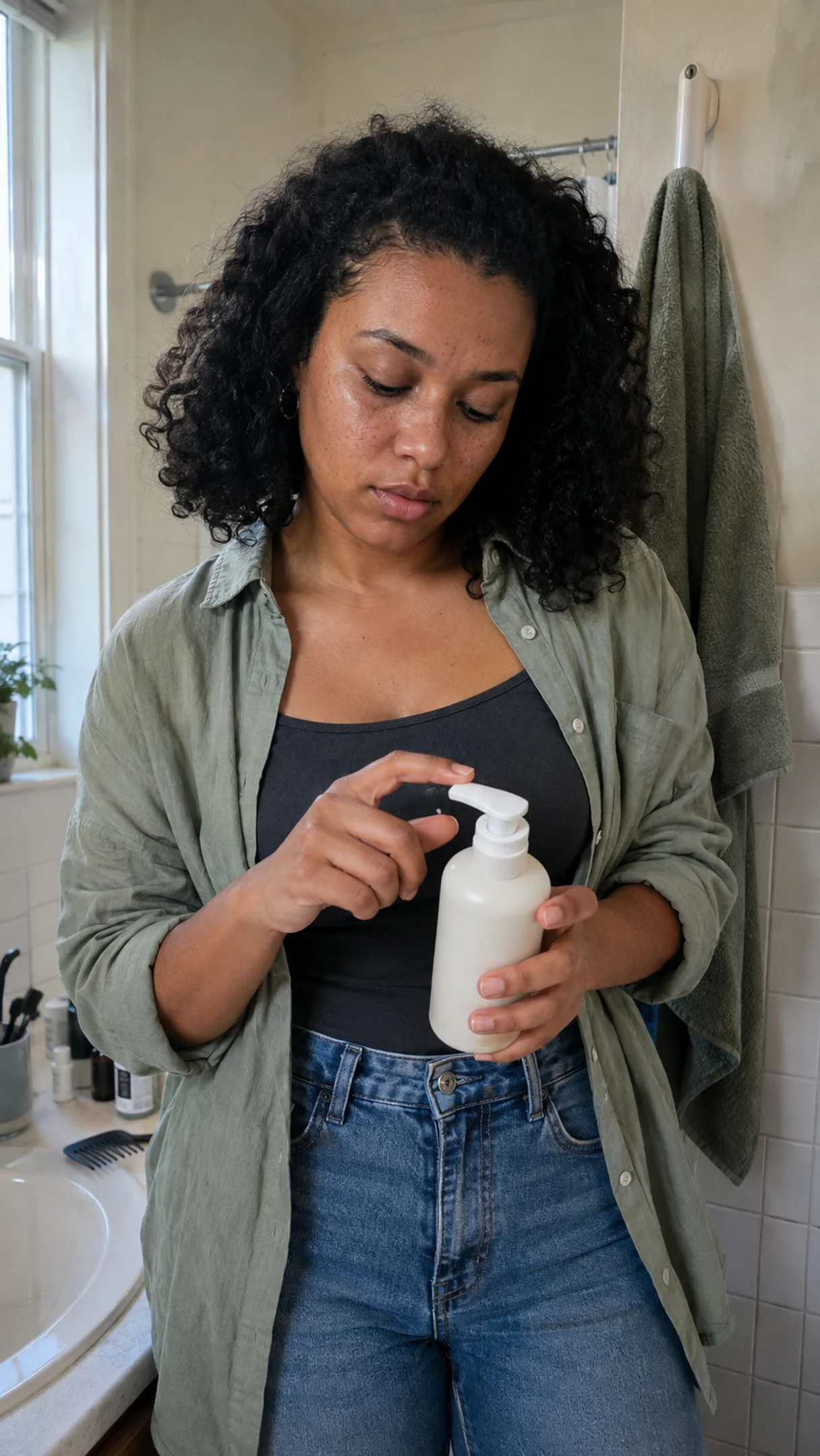 Fictional adult creator holding a plain pump bottle in a lived-in bathroom.