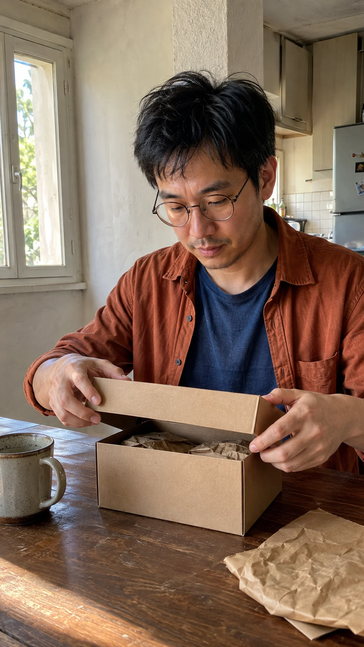 Fictional adult creator opening a plain cardboard box at a kitchen table.