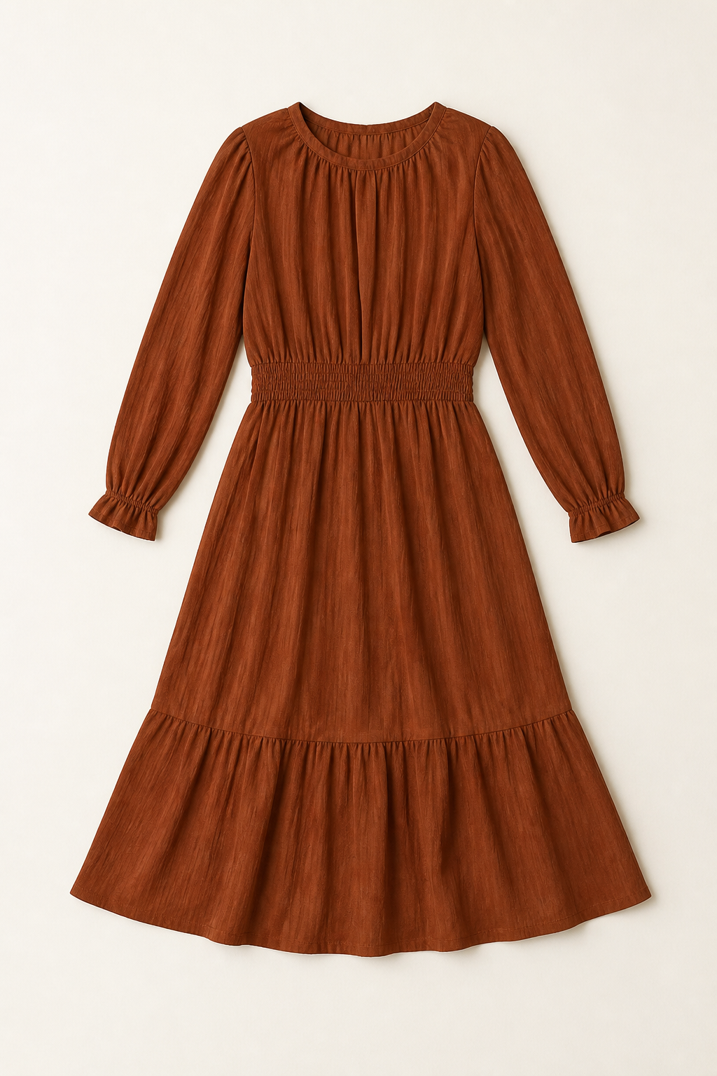 Fictional unbranded rust brown midi dress flat lay.
