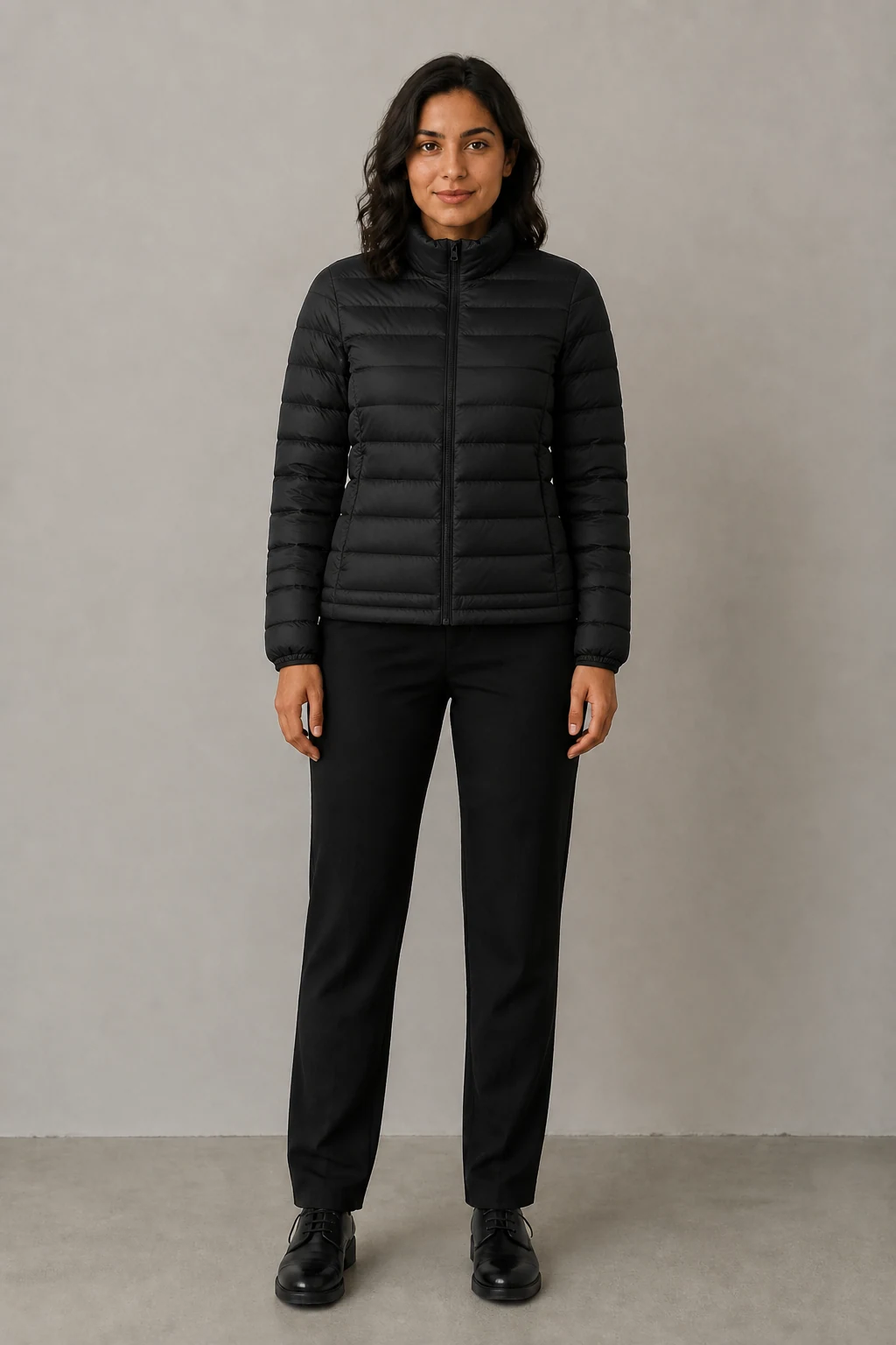 AI-generated product output of a fictional adult wearing a black puffer jacket.