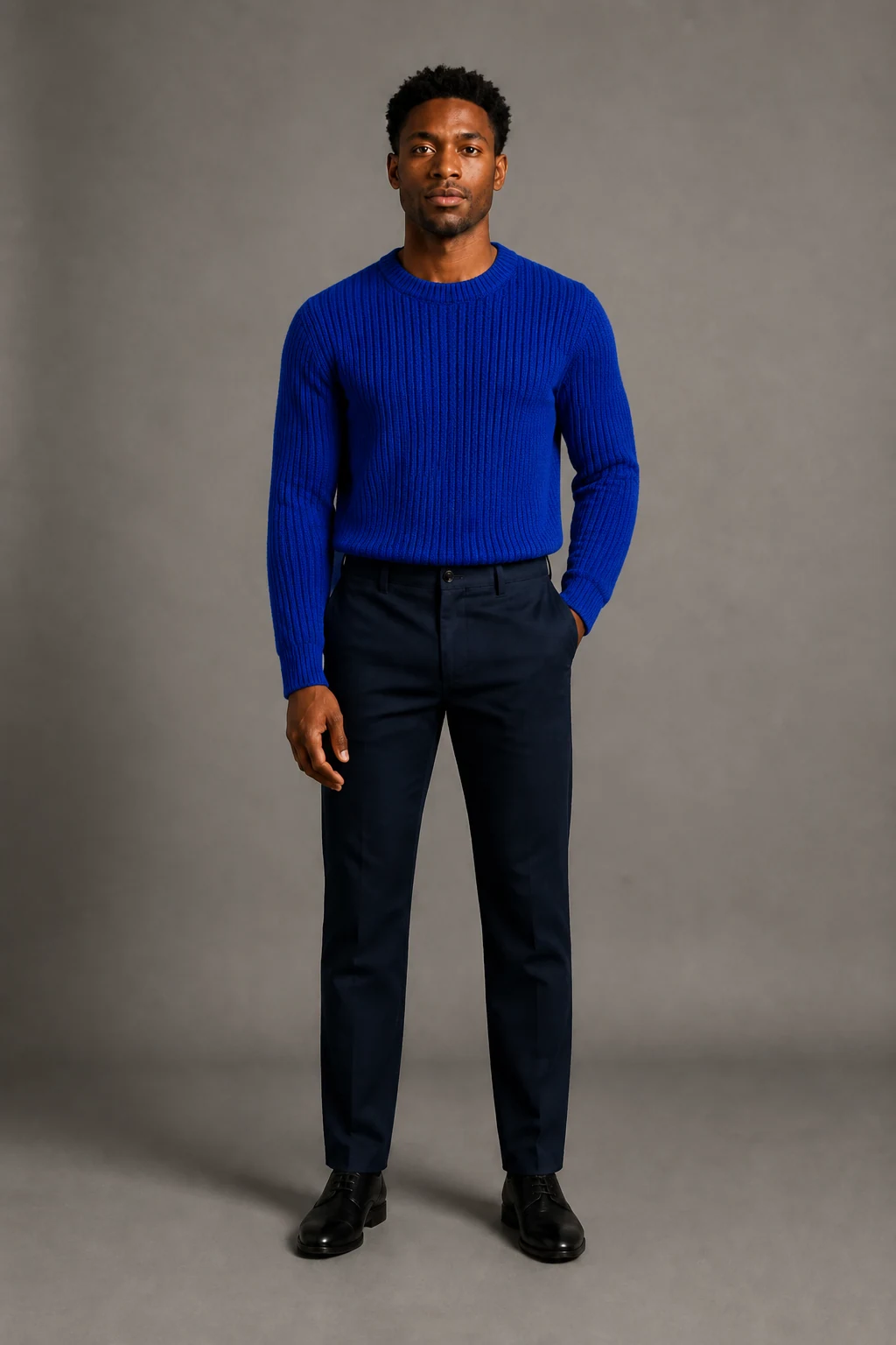 AI-generated product output of a fictional adult wearing a cobalt blue knit sweater.