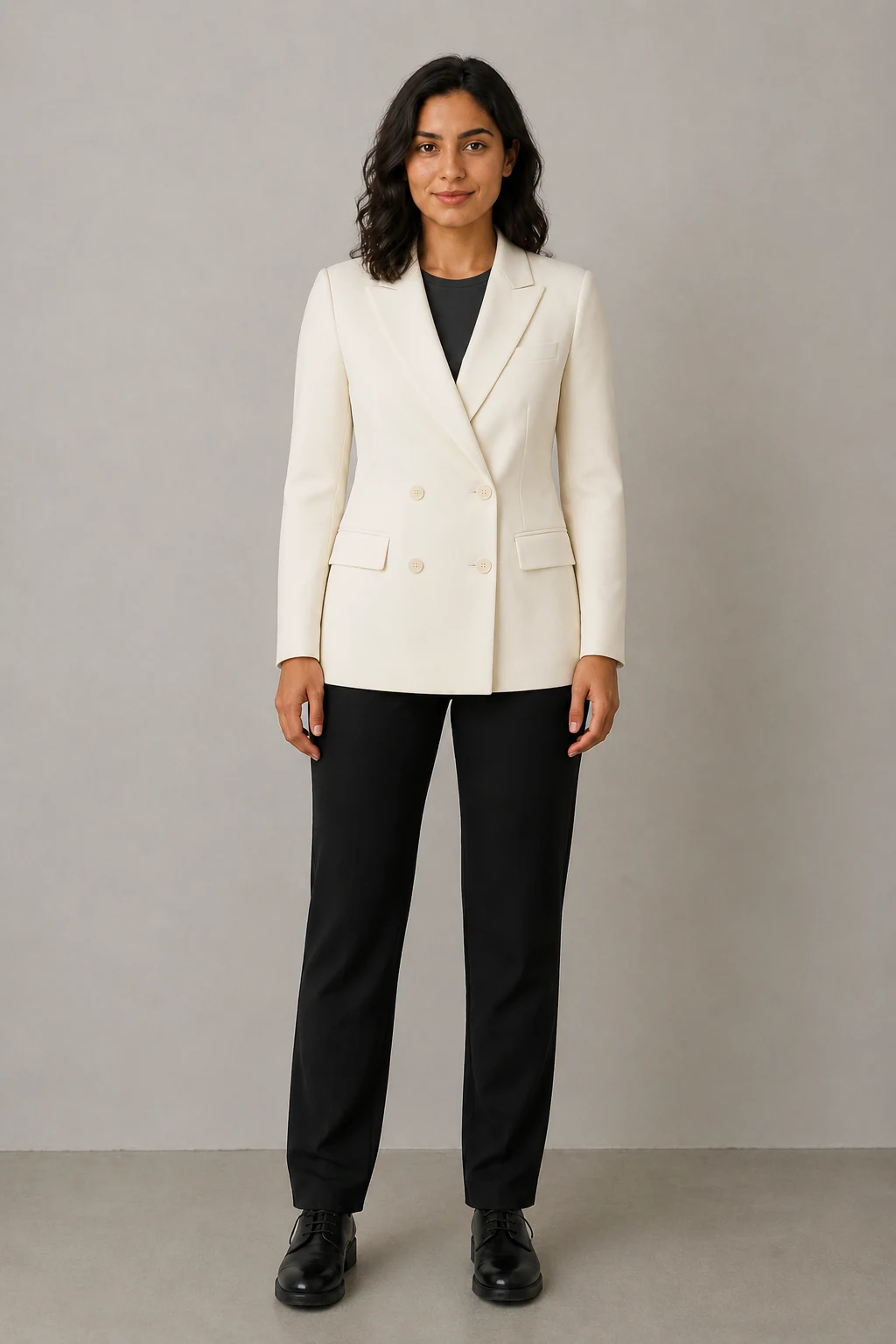 AI-generated product output of a fictional adult wearing an ivory blazer.