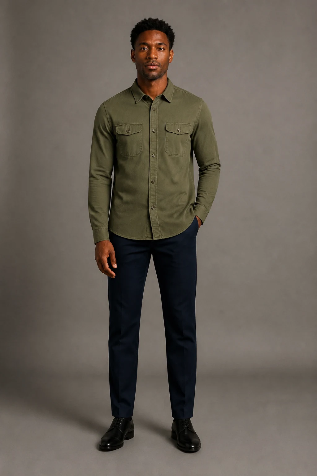 AI-generated product output of a fictional adult wearing an olive overshirt.
