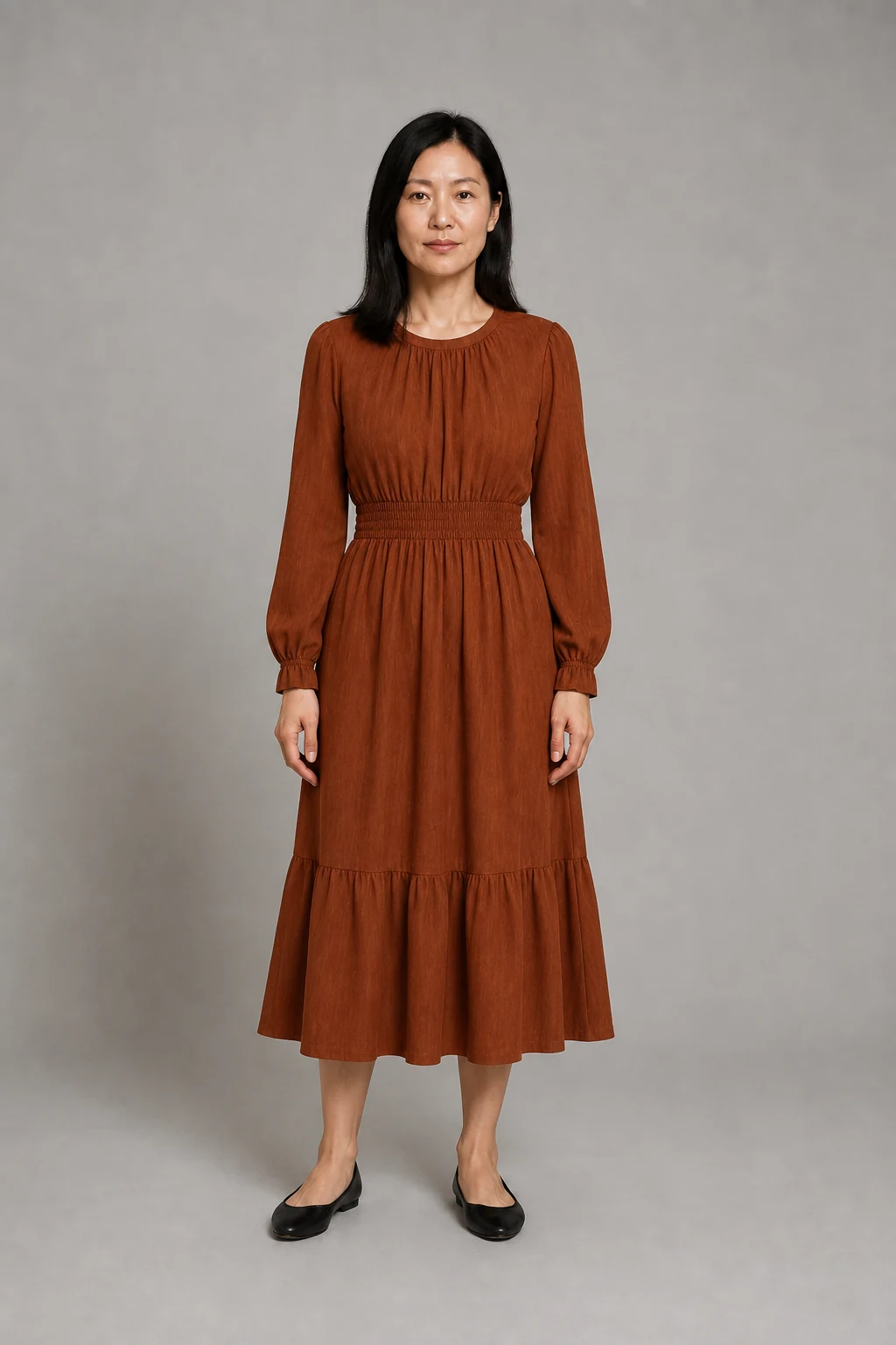 AI-generated product output of a fictional adult wearing a rust brown midi dress.