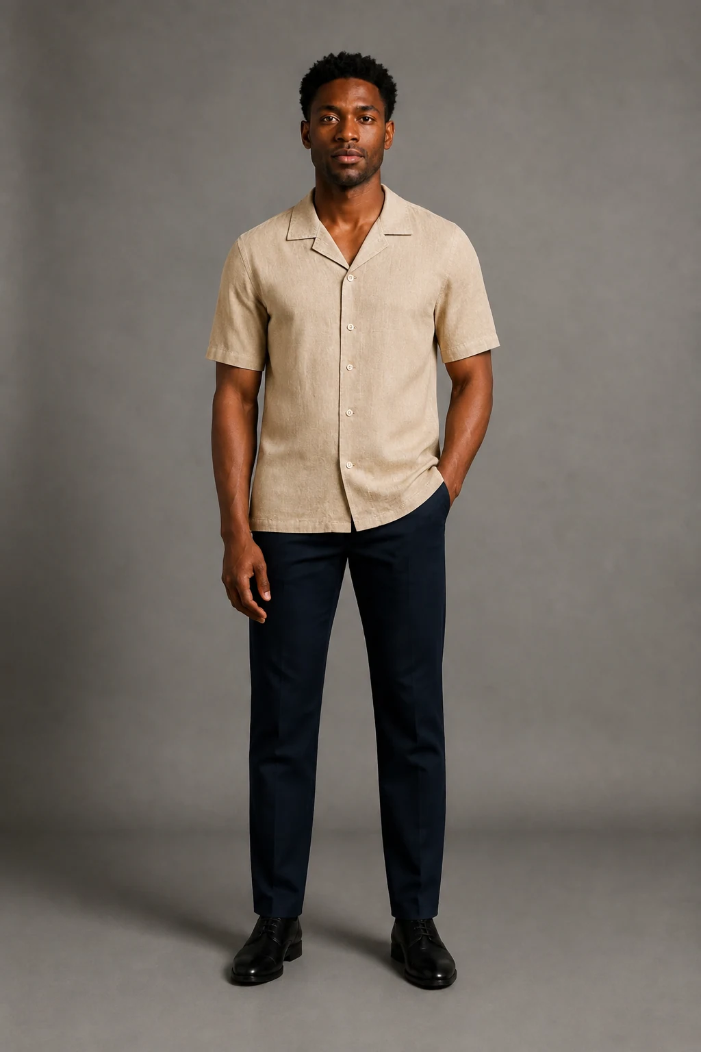 AI-generated product output of a fictional adult wearing a sand camp-collar shirt.